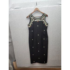 Vtg Black Sleeveless Ultra Dress W/Floral & Strawberry Embroidery Button Accents